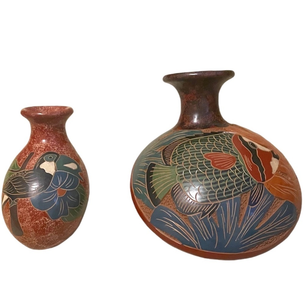 Pair Hand Sculpted Pottery Fish And Bird Vase Hand‎ Tooled